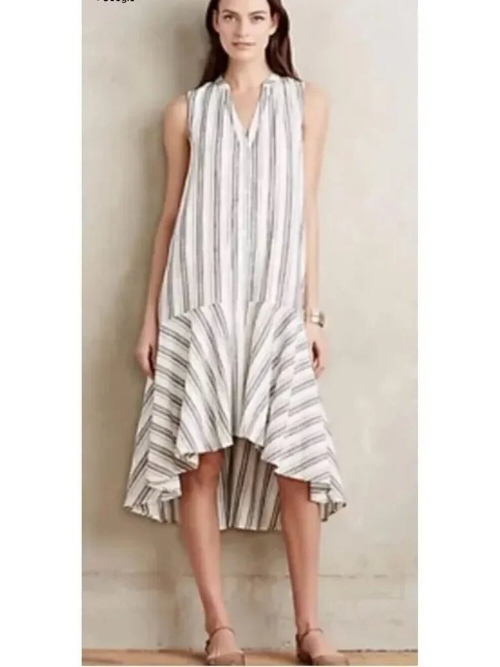 Anthropologie Maeve high low Linen Blend Striped Shirtdress S